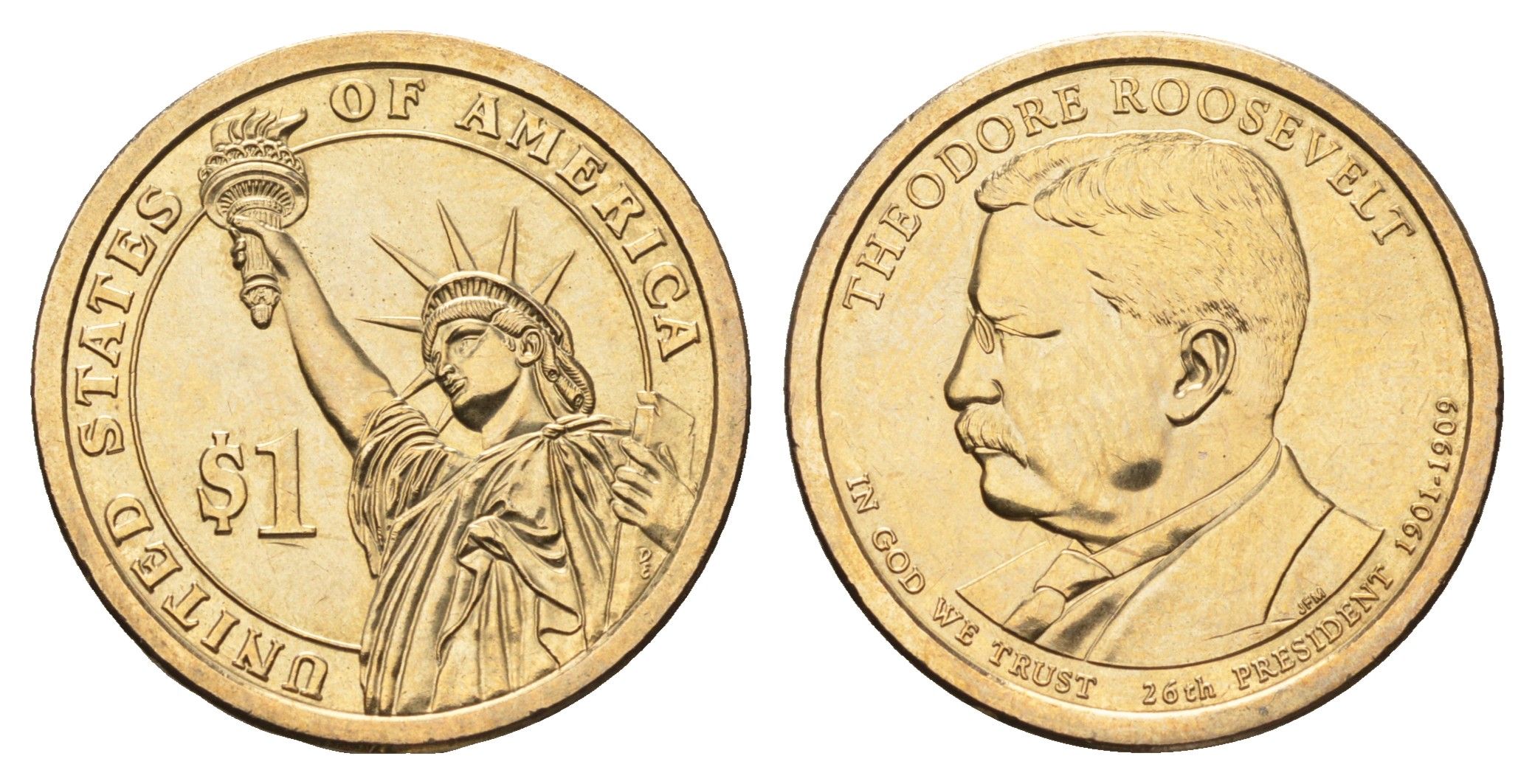 США 1 доллар 2013 D, Президент США - Теодор Рузвельт (1901–1909) KM 548 медь с марганцево-латунным покрытием UNC 4698-1116