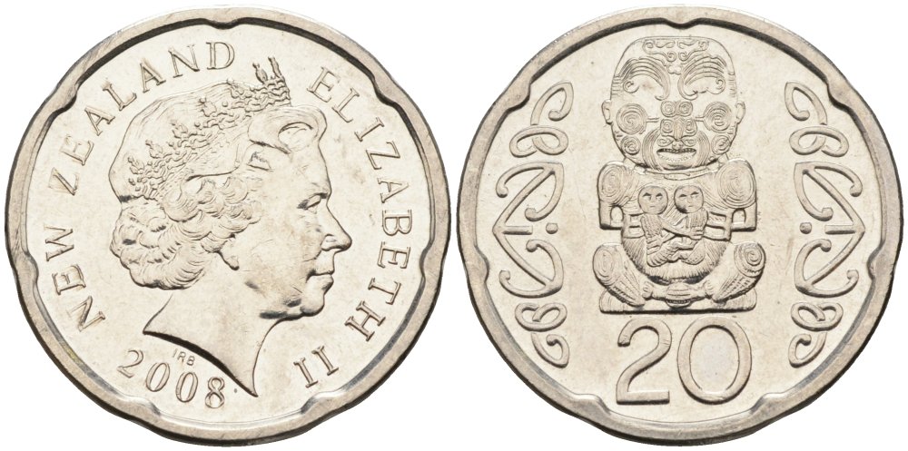 Новая Зеландия 20 центов 2008 Елизавета II (1952-2022), идол Пукаки KM 118а никелированная сталь 4579-1241