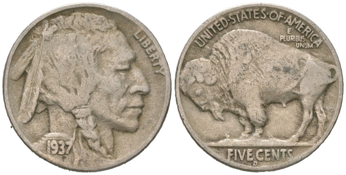 США 5 центов 1937 D, индеец, бизон KM 134 медно-никель 4602-729