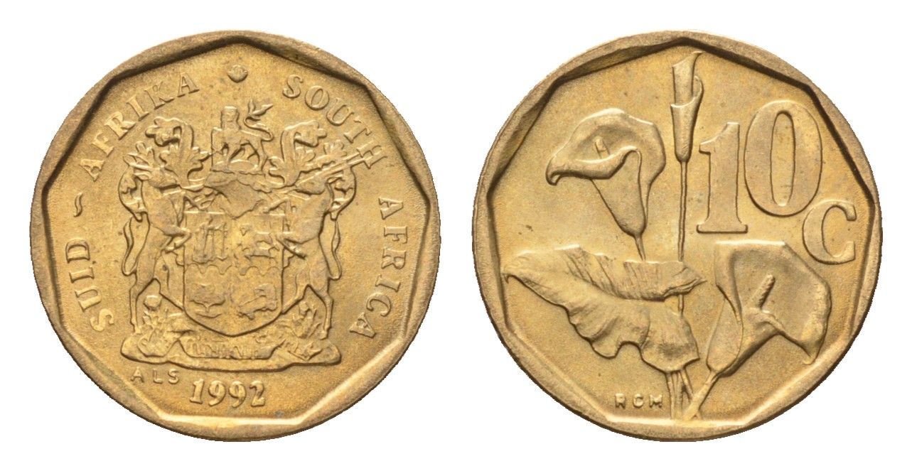 ЮАР 10 центов 1992 герб, цветок алоэ KM 135 сталь плакированная бронзой UNC 4694-646
