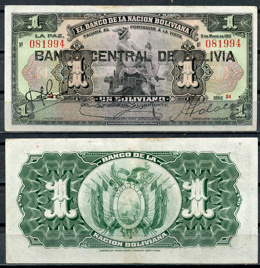 Боливия 1 боливиано 1911 (1929) надпечатка на Pick 103, серия G4, Меркурий Pick 112 (3)  бумага  7217-66-2-2
