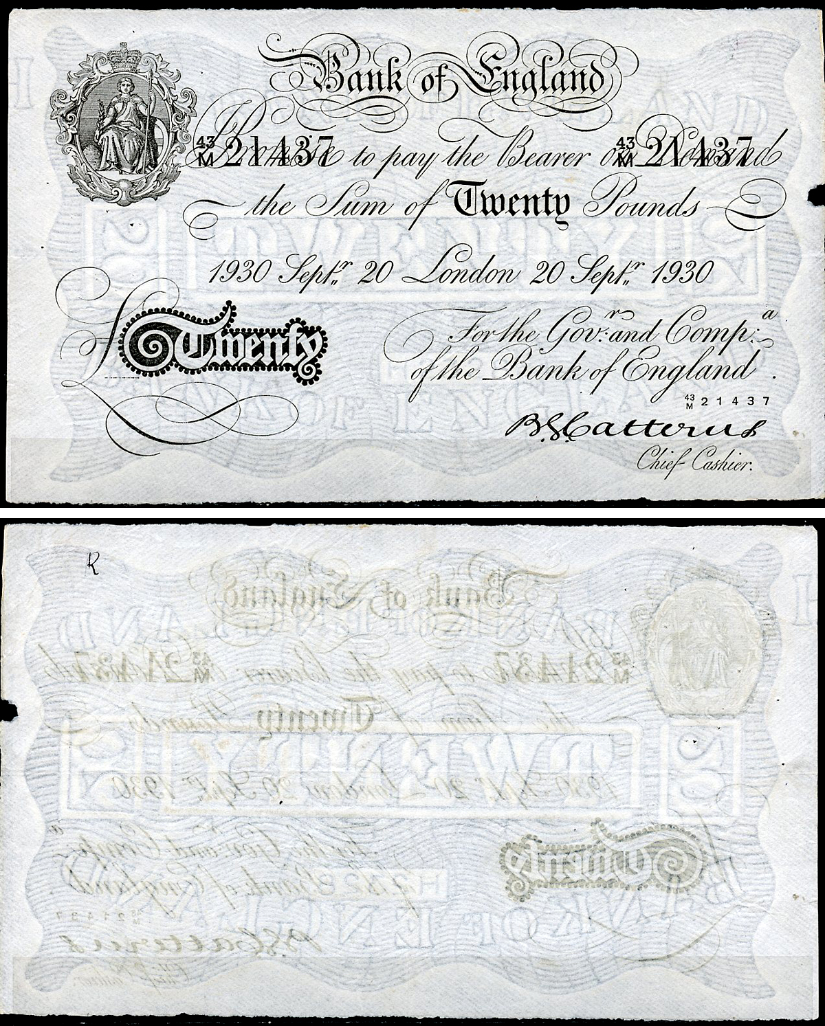 Англия 20 фунтов 1930 Лондон, 20 сентября, Операция "Бернхард", фальшивка в ущерб денежному обращению PW № RB172, Pick 337 a  бумага   444-50-1-1