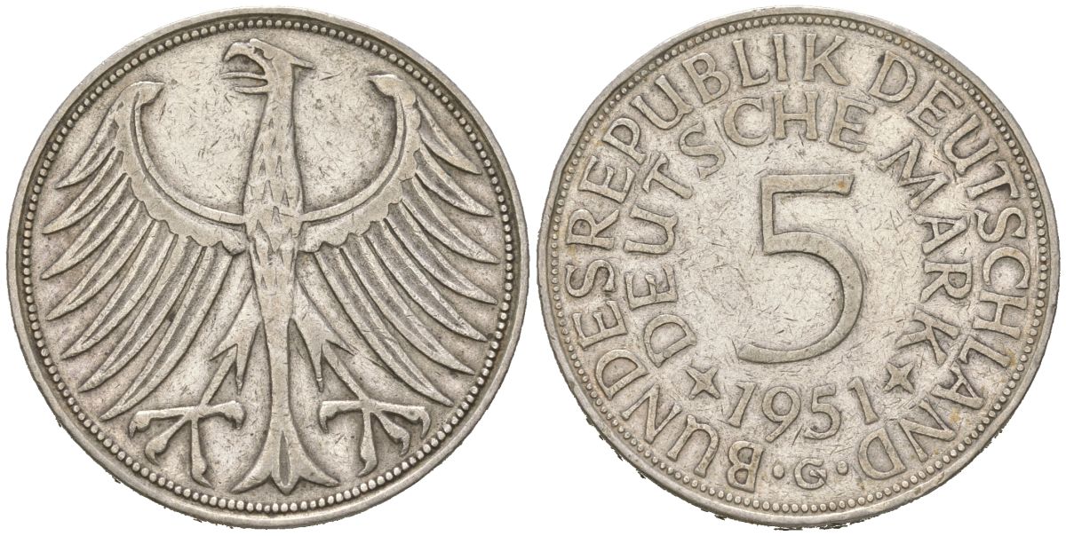 ФРГ 5 марок 1951 G KM 112, J 387, Schon 110 серебро 4536-414