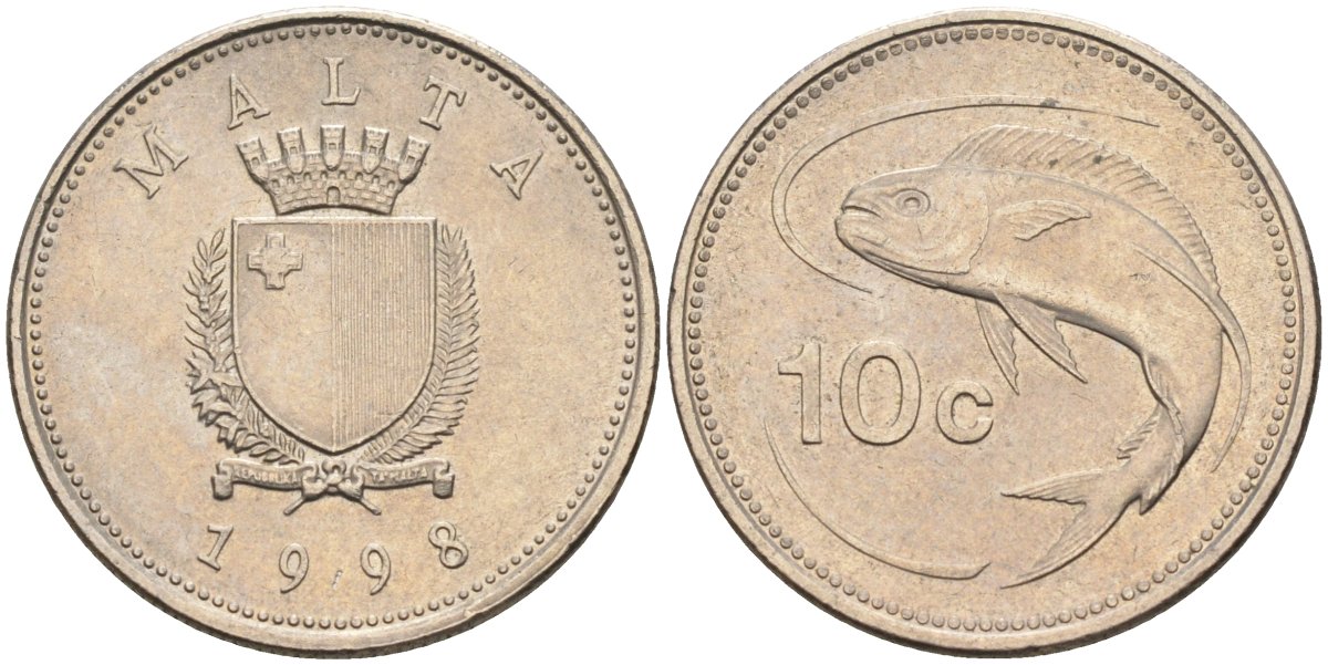 Мальта 10 центов 1998 золотая макрель KM 96 медно-никель 4588-253