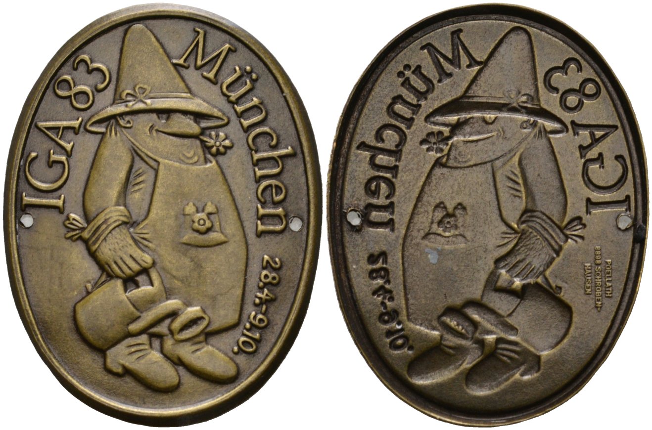 Бавария бирка участника 1983 IGA конкурс садоводов Баварии (28 апреля - 9 октября), с отверстиями для крепления, размер 42 Х 32 мм. латунь 1085-2-33