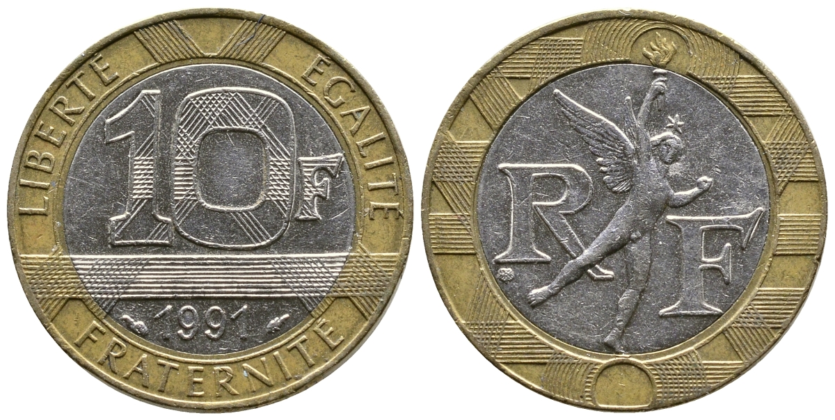 Франция 10 франков 1991 тип гений Бастилии KM 964.1, Le Frank 375.6 биметалл 51-4734