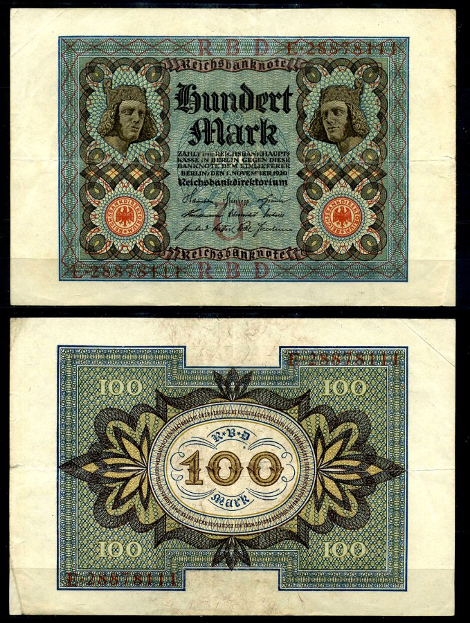 Германия 100 марок 1920 Бамбергский всадник, 8 цифр в номере, серия E, буква U Pick 69 b, Розенберг 67b бумага 8617-9-2-1