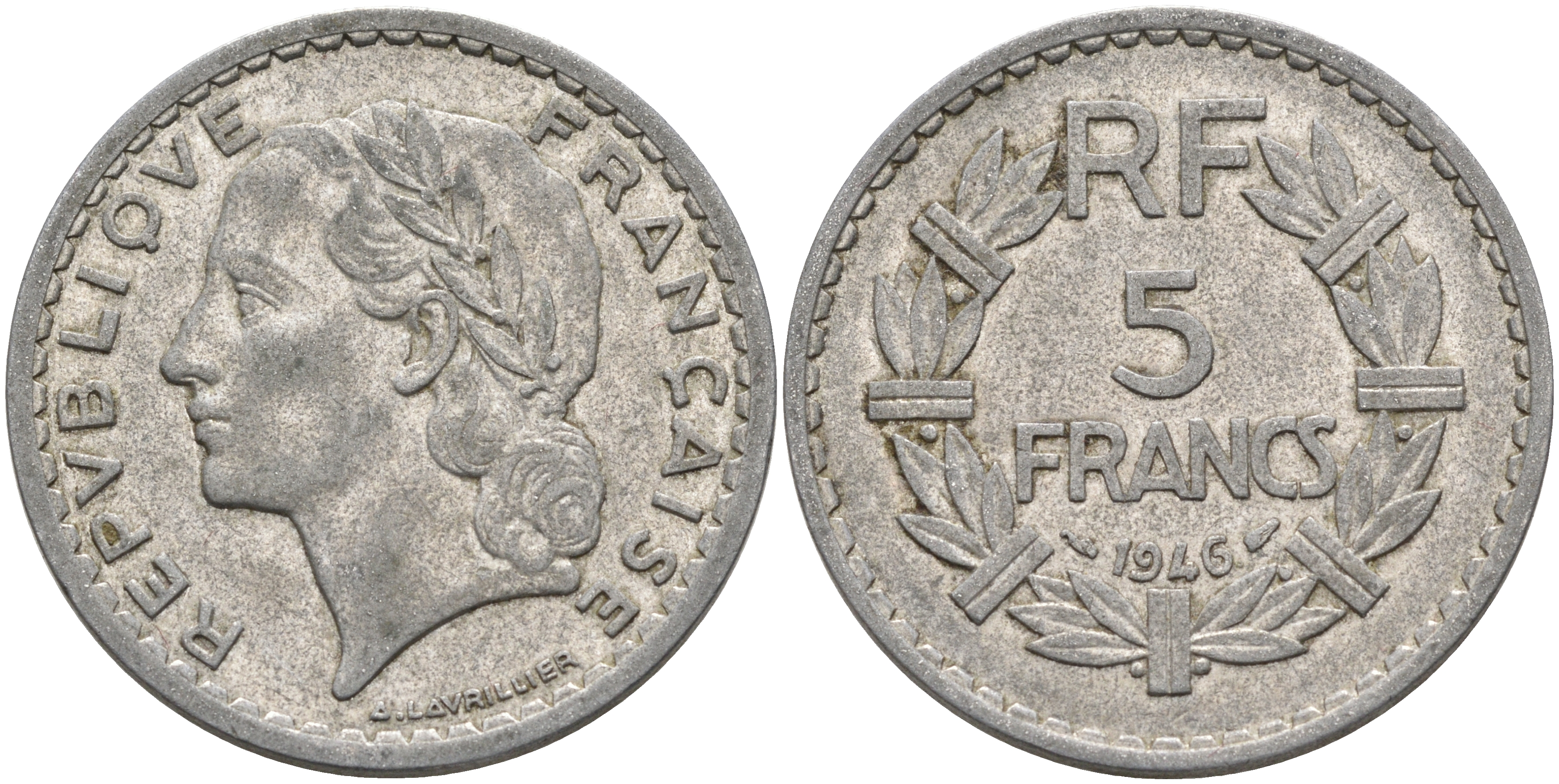 ФРАНЦИЯ 5 ФРАНКОВ 1946 KM 888b.1 алюминий 75-325