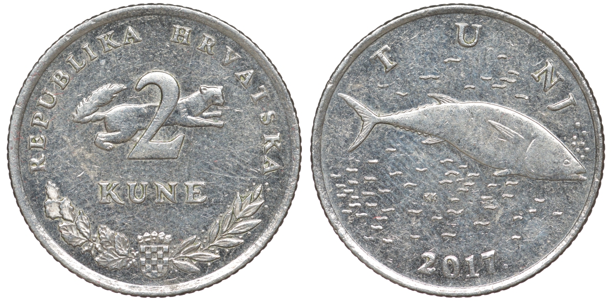 Хорватия 2 куны 2017 тунец, легенда на хорватском KM 10 медно-никель aUNC 4513-851