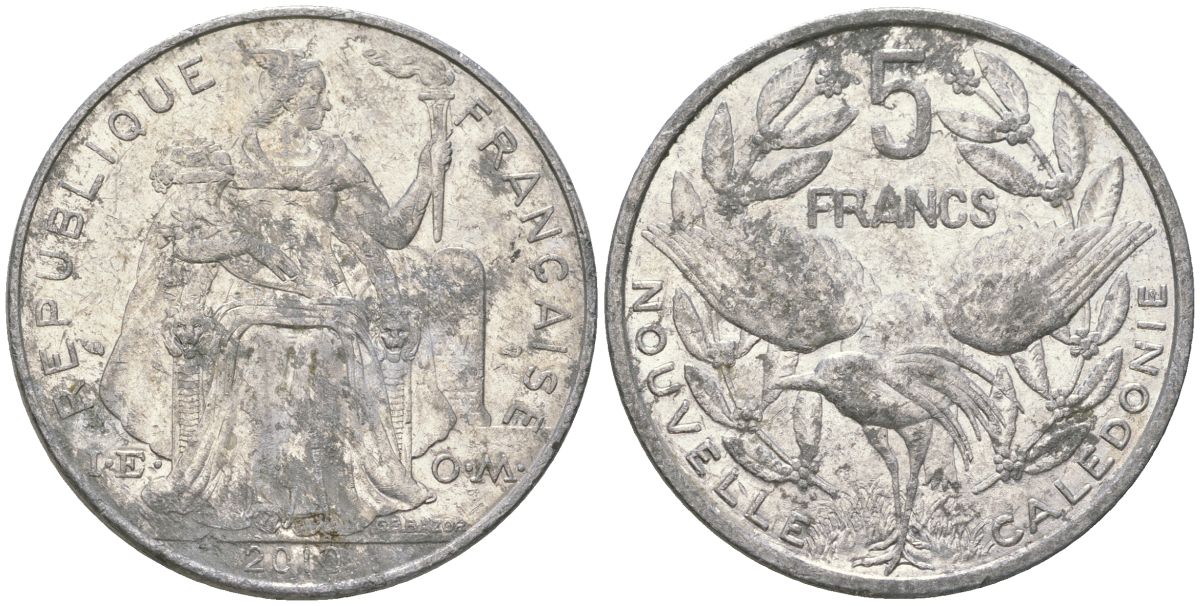 Французская Новая Каледония 5 франков 2010 птица кагу, (IEOM) KM 16, Schoen 12, Lec 81k алюминий 4111-635