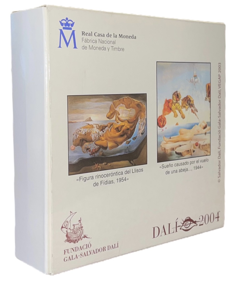 Испания 50 евро 2004 Сальвадор Дали, "За секунду до пробуждения", "Мягкий автопортрет с жареным беконом", позолота, коробка, сертификат КМ 1057 серебро  PROOF  6-5-1-20