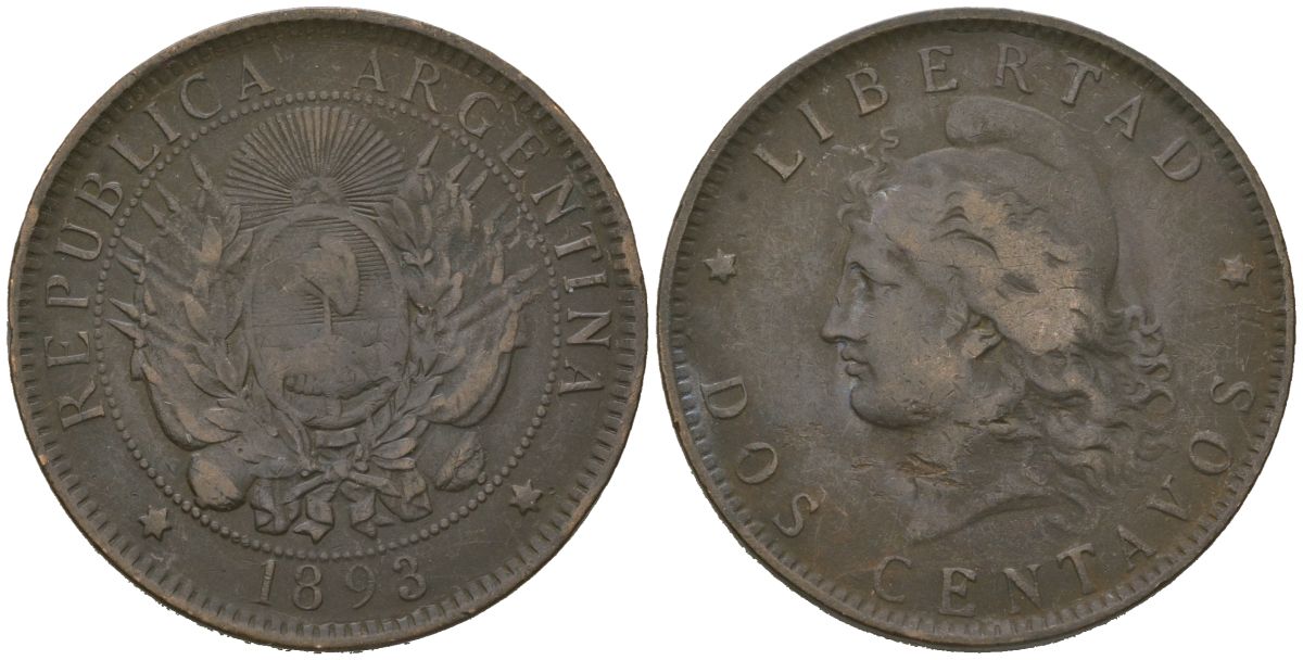 Аргентина 2 сентаво 1893 KM 33 бронза 92-142