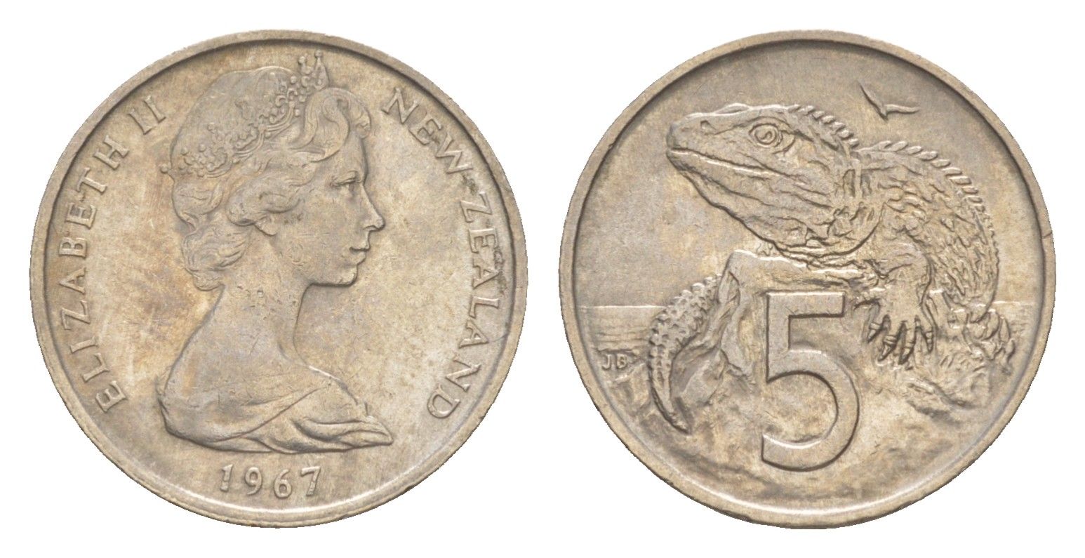 Новая Зеландия 5 центов 1967 Елизавета II (1952-2022), ящерица гаттерия KM 34 медно-никель 4651-162