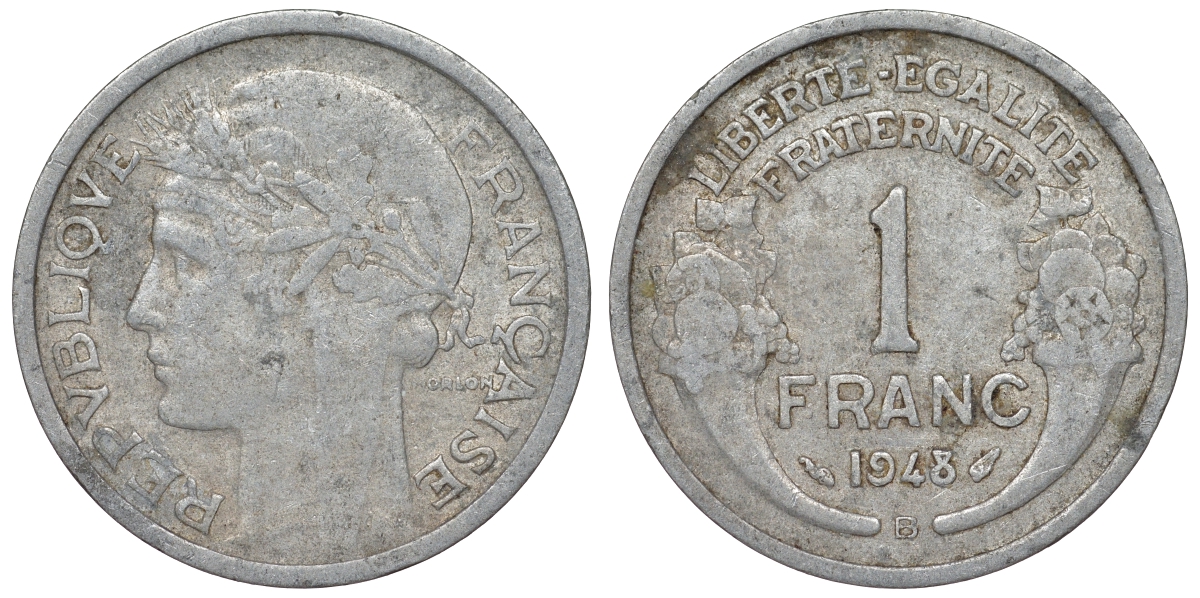 ФРАНЦИЯ 1 ФРАНК 1948 B, ТИП MORLON KM 885а.2, LE FRANC 221.14 алюминий 71-1131