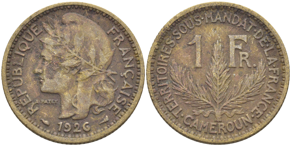 Французский Камерун 1 франк 1926 (а), монетный двор Париж KM 2 алюминиевая бронза 72-723