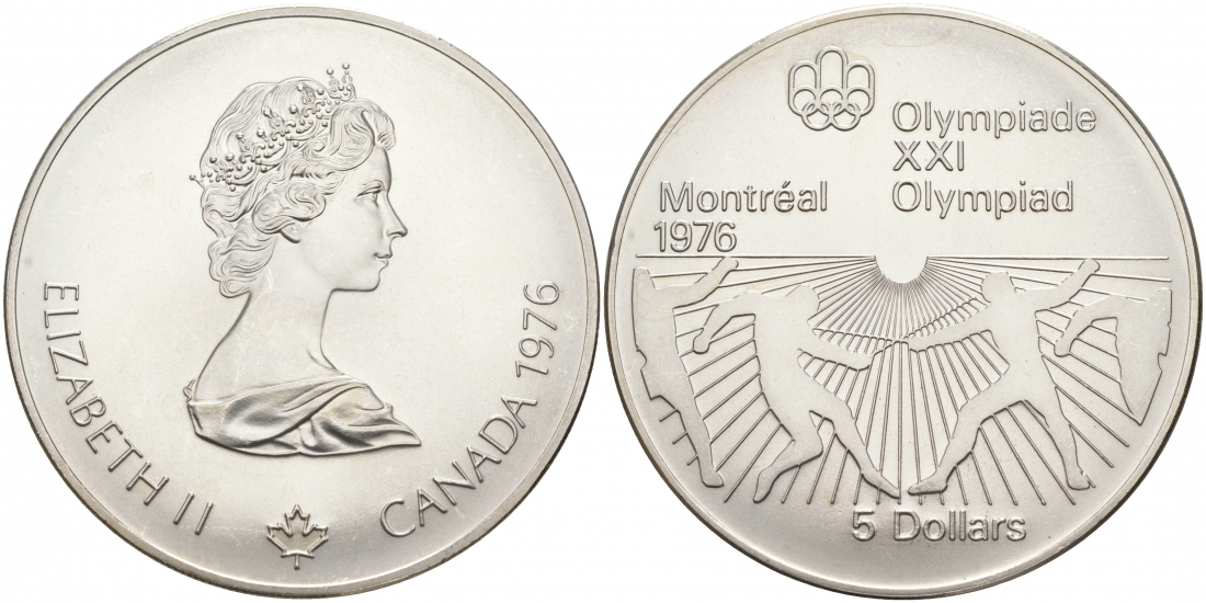 Канада 5 долларов 1976 XXI летние Олимпийские игры в Монреале 1976 года, фехтование KM 107 серебро UNC 1091-3-22