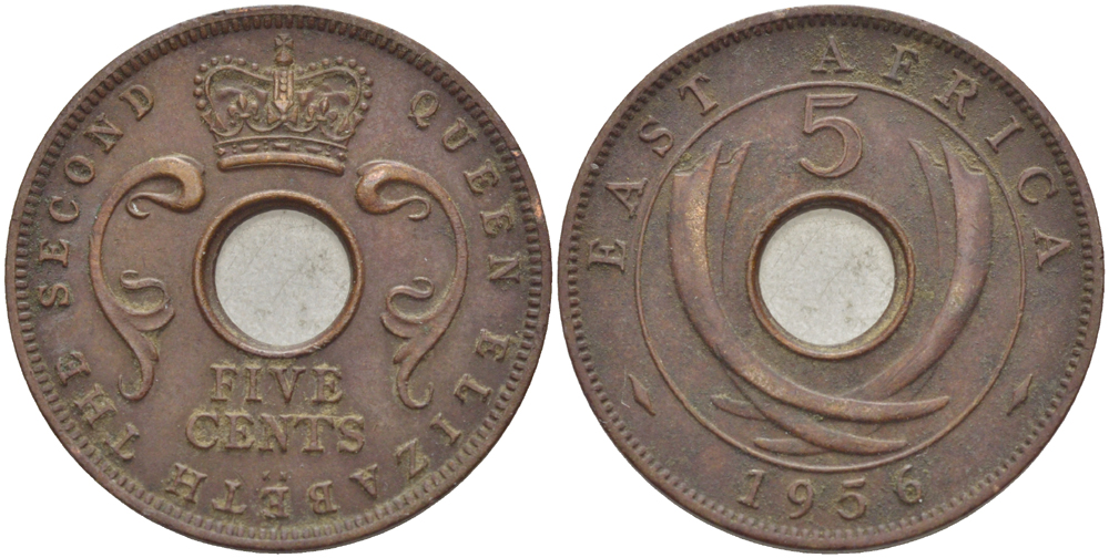 Британская Восточная Африка 5 центов 1956 Елизавета II (1952-) KM 37 бронза 94-951