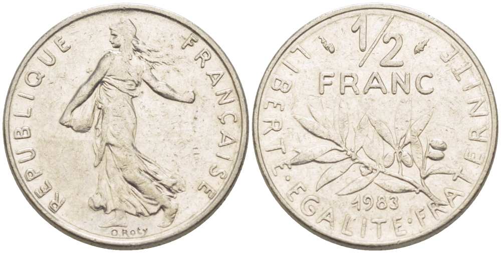 ФРАНЦИЯ 1/2 ФРАНКА 1983 СЕЯТЕЛЬ KM 931.1, LE FRANC 198.22 никель 217-241