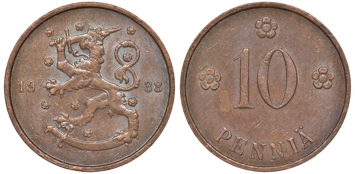 Финляндия 10 пенни 1938 KM 24 медь 51-3023