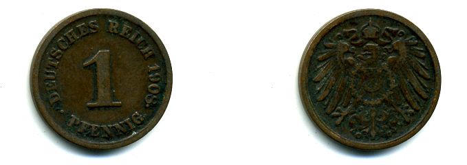 ГЕРМАНИЯ 1 ПФЕННИГ 1908 G KM 10, J 10 медь 35-957