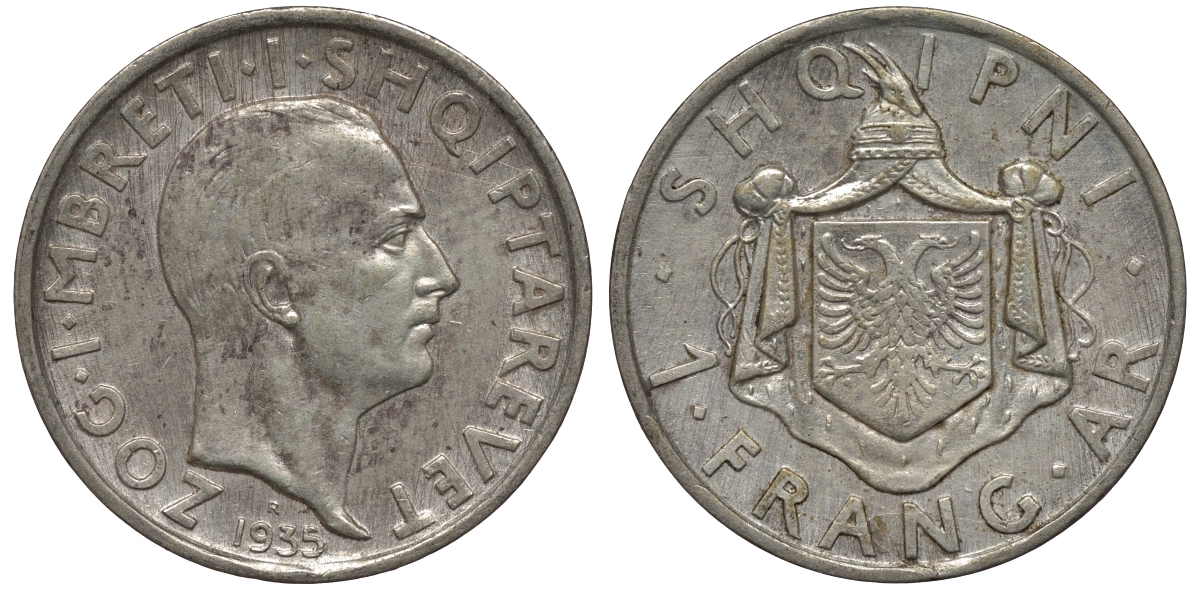 Албания 1 франга ари 1935 R, Ахмет Зогу I (1928-1939) KM 16 серебро 441-1432