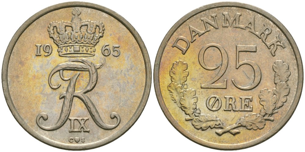 Дания 25 эре 1965 Фредерик IX (1947-1972) KM 850 медно-никель 4579-313