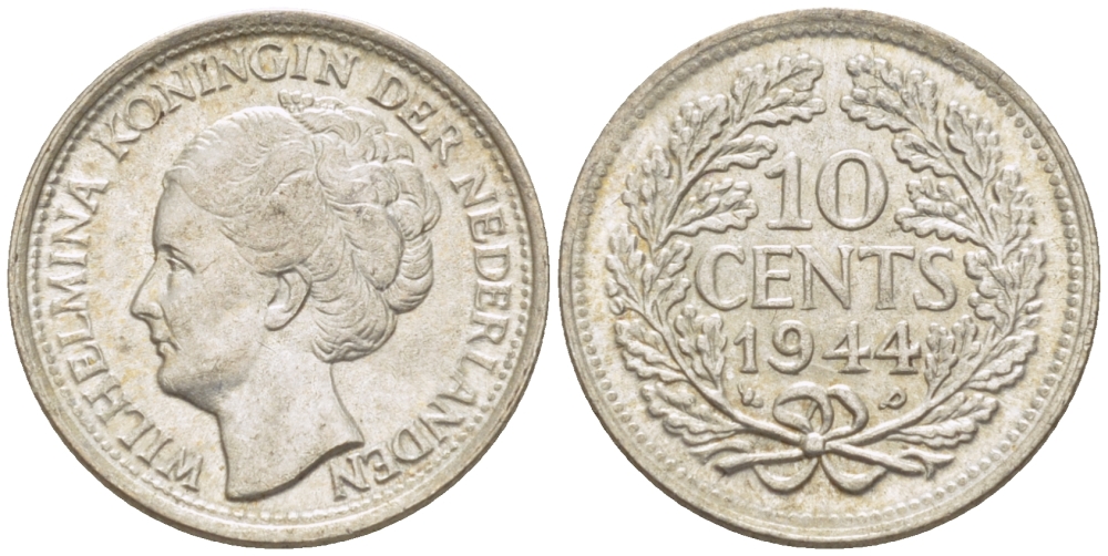 Нидерланды 10 центов 1944 Вильгельмина (1890-1948) KM 163 серебро aUNC 66-1267