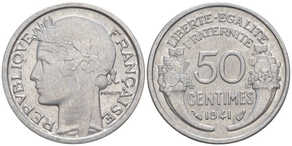 ФРАНЦИЯ 50 САНТИМОВ 1941 ТИП MORLON LOURDE KM 894.1a, LE FRANC 193.2 алюминий 44-246