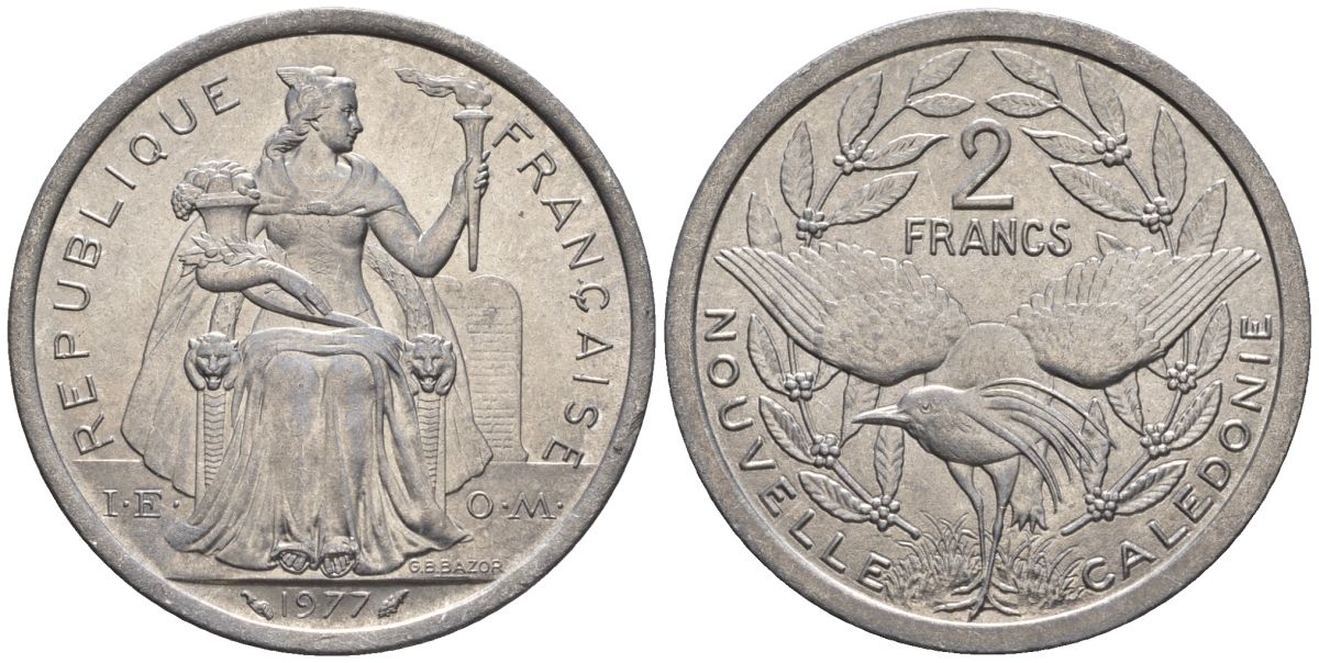 Французская Новая Каледония 2 франка 1977  KM 14 алюминий  UNC  4610-456