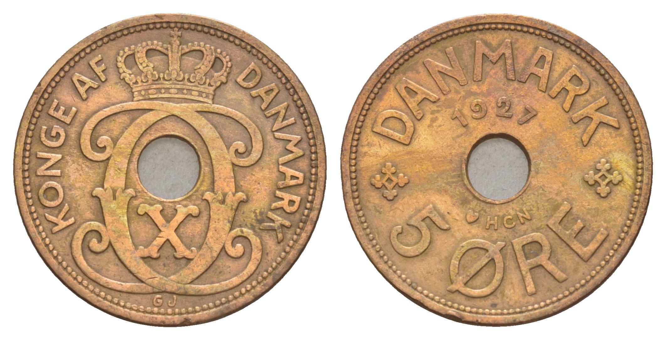 Дания 5 эре 1927 HCN, Кристиан X (1912-1947) KM 828 бронза 4657-235