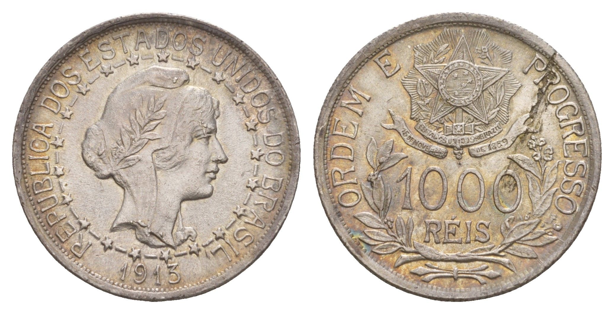 Бразилия 1000 реалов 1913 KM 510 серебро 413-2513