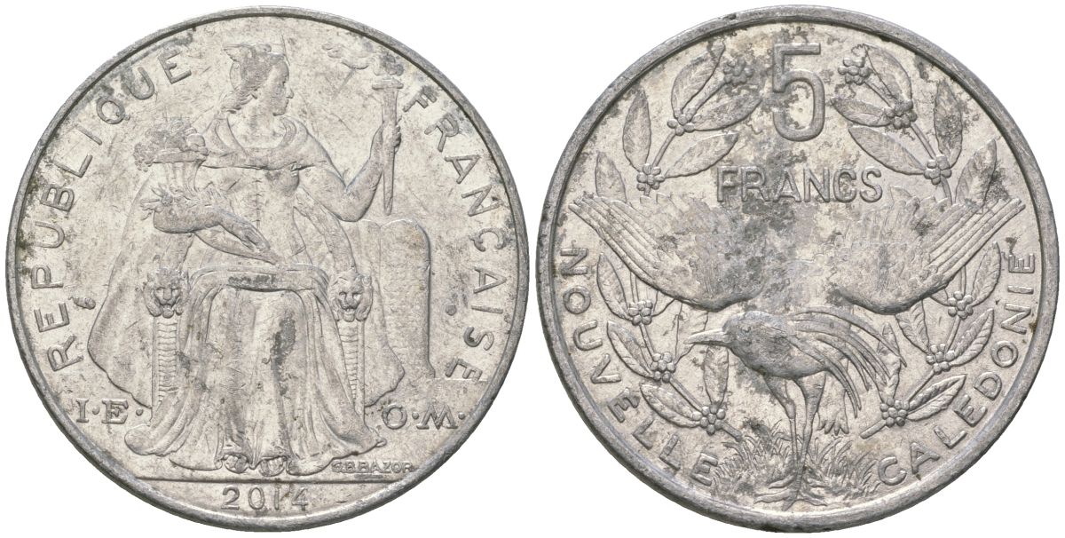 Французская Новая Каледония 5 франков 2014 птица кагу, (IEOM) KM 16, Schoen 12, Lec 81k алюминий 4117-415