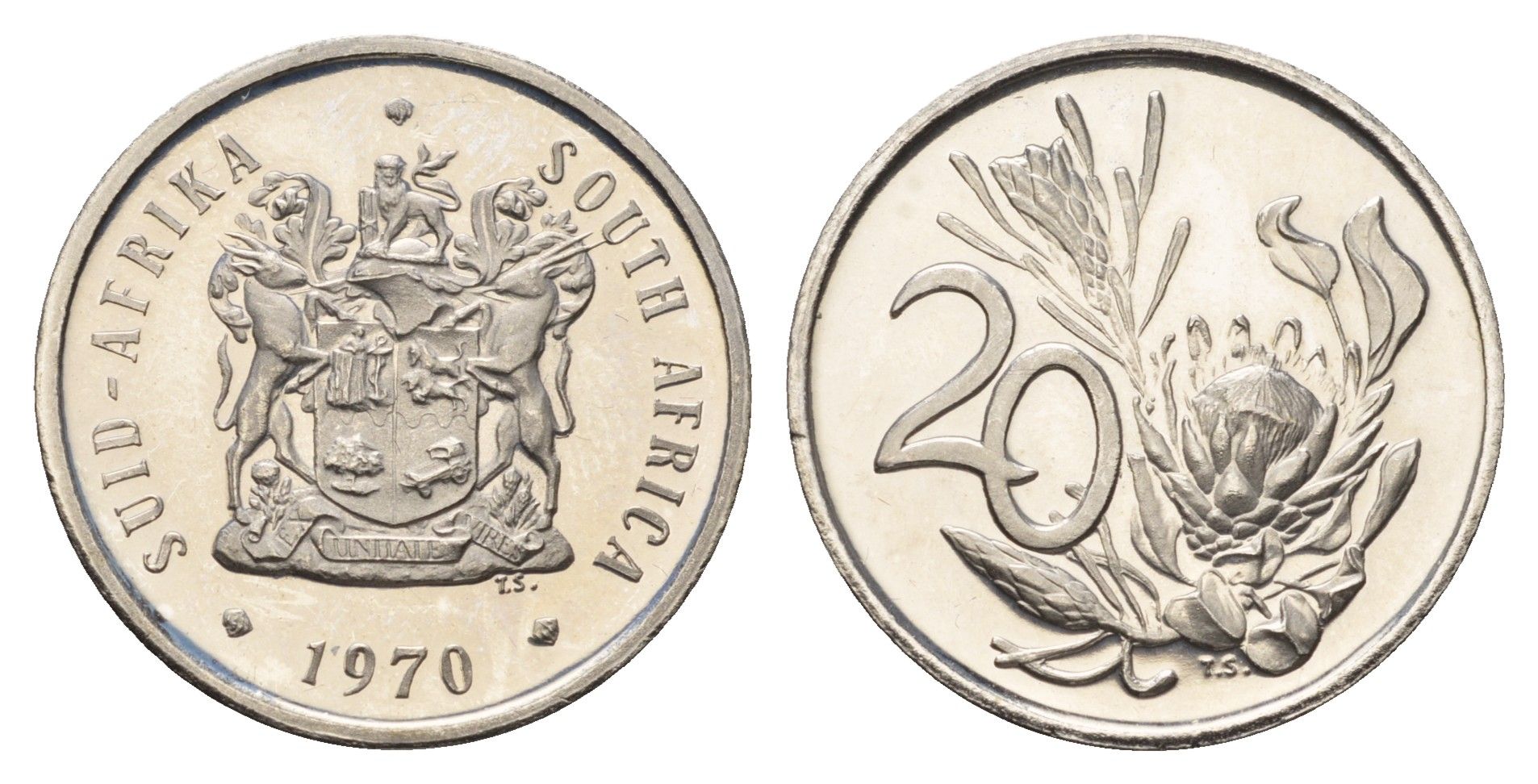 ЮАР 20 центов 1970 герб, цветок протея KM 86 никель PROOF 1525-1044