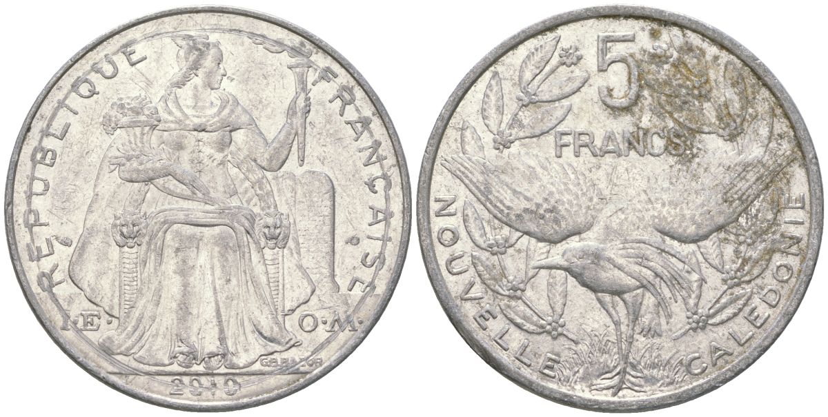 Французская Новая Каледония 5 франков 2010 птица кагу, (IEOM) KM 16, Schoen 12, Lec 81k алюминий 4111-542