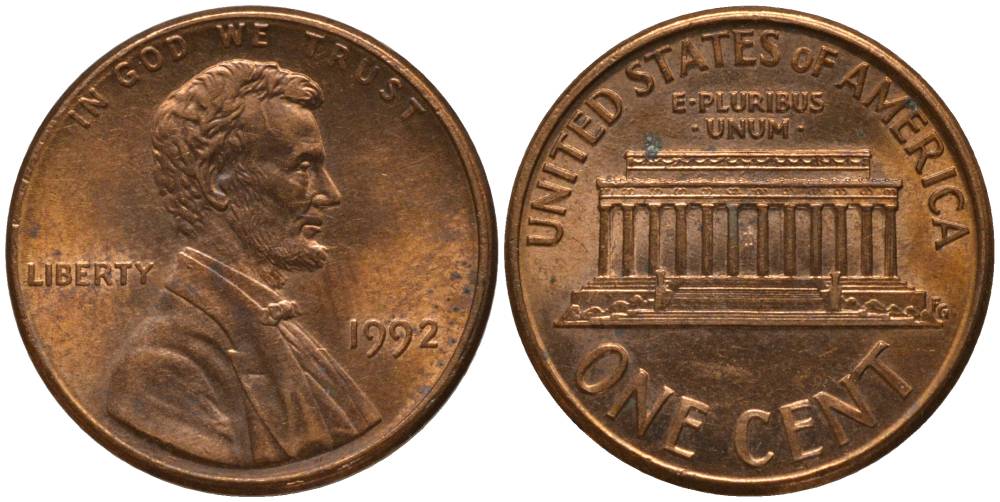 США 1 ЦЕНТ 1992 ЛИНКОЛЬН KM 201b цинк плакированный медью 3955-436