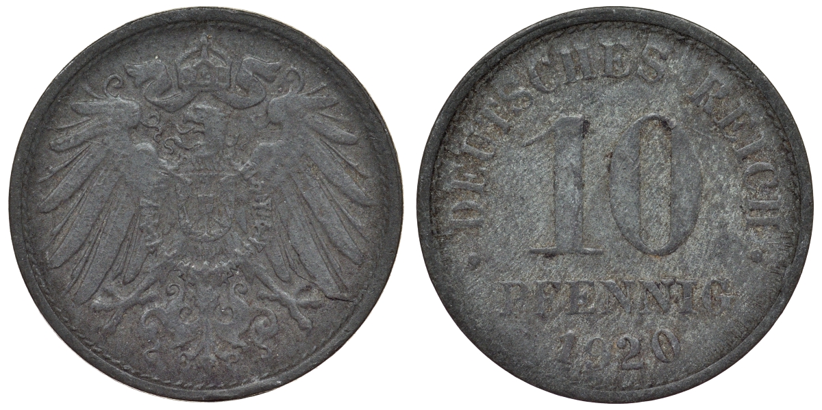 Германия 10 пфеннигов 1920 KM 26, J. 299, Weege 8 цинк 4119-325