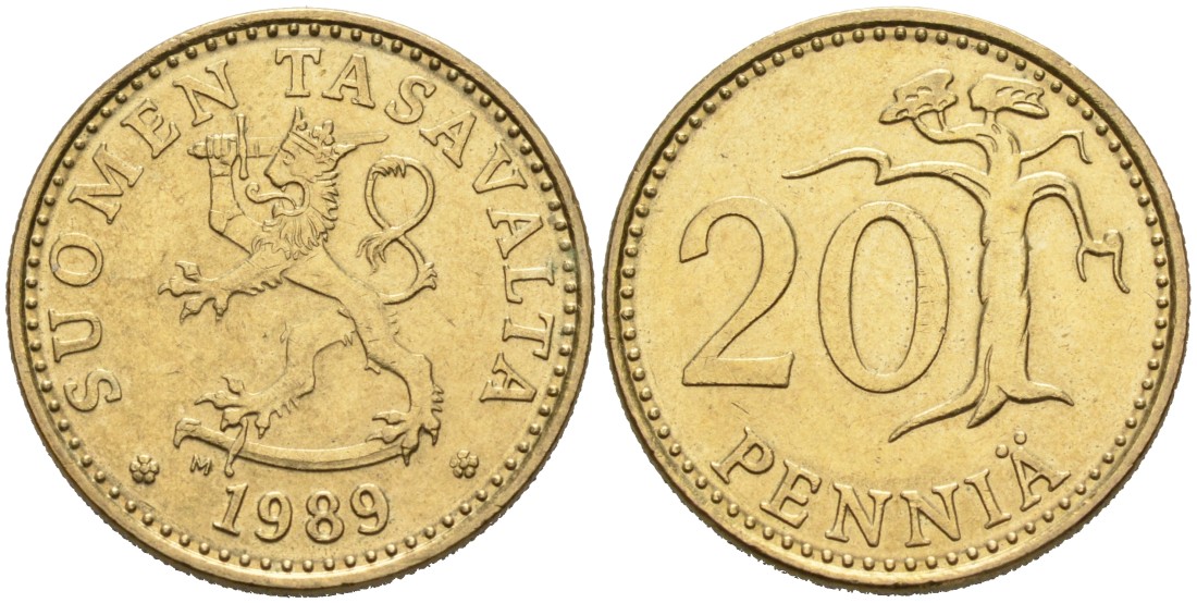 ФИНЛЯНДИЯ 20 ПЕННИ 1989 M KM 47 алюминиевая бронза 4563-342