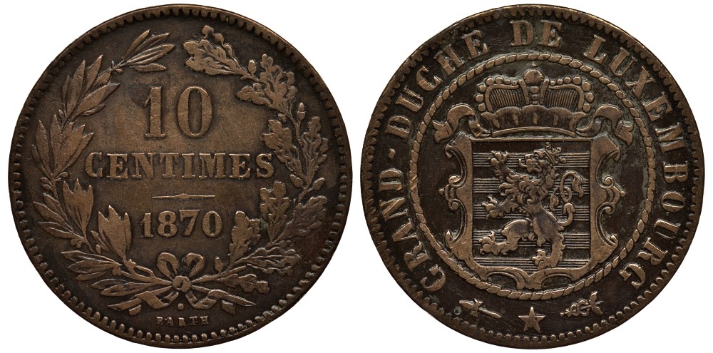 ЛЮКСЕМБУРГ 10 САНТИМОВ 1870 u, ГЕРЦОГ ВИЛЛЕМ III НИДЕРЛАНДСКИЙ (1849-1890), МОНДВОР УТРЕХТ, С ТОЧКОЙ НАД BARTH НА РЕВЕРСЕ КМ 23.1 бронза 4536-442