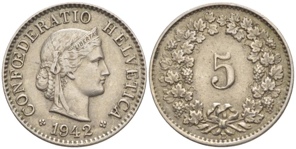 ШВЕЙЦАРИЯ 5 РАППЕНОВ 1942 В KM 26 медно-никель 4532-938