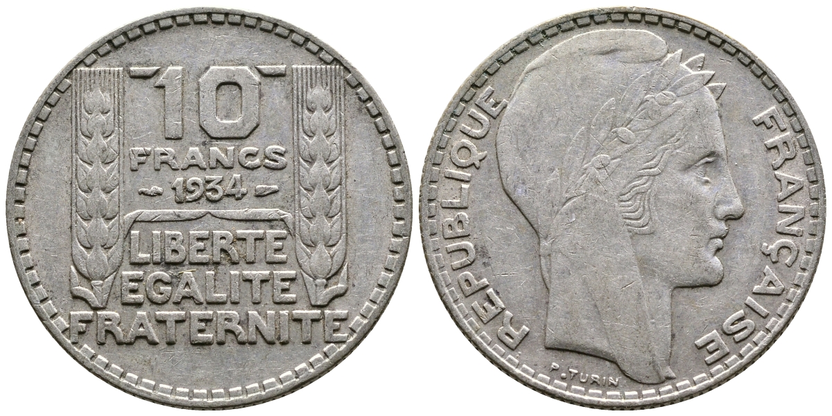 Франция 10 франков 1934 Пьер Тюрен KM 878, Le Franc 360.7 серебро 60-1243