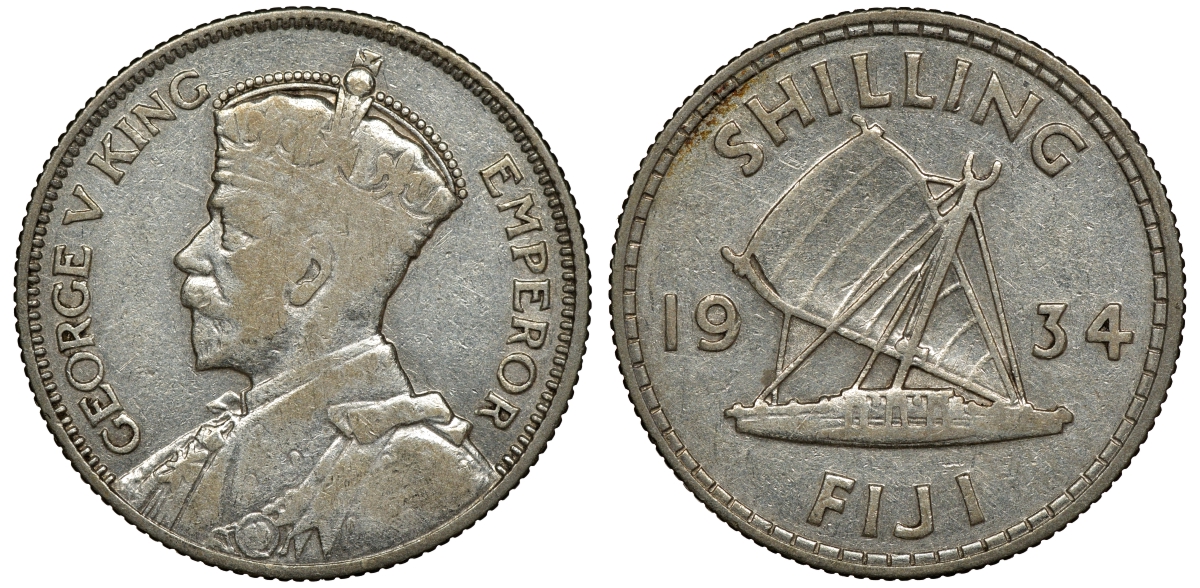 Фиджи 1 шиллинг 1934 Георг V (1910-1936), парусник KM 4 серебро 91-941