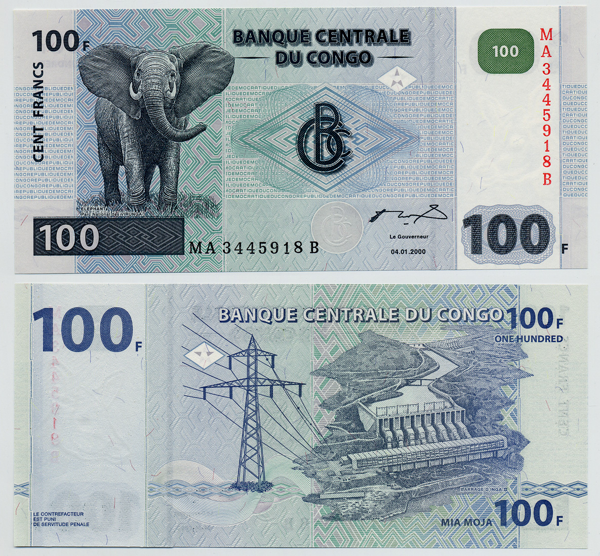 Конго 100 франков 2000 ГЭС, слон Pick 92A бумага UNC (пресс) 6279-9-1-2