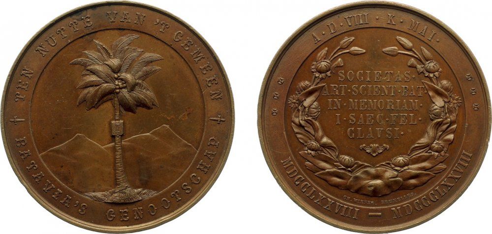 НИДЕРЛАНДЫ МЕДАЛЬ 1878 Столетие Батавского общества искусств и наук в Батавии. 60 мм Zw.441 бронза UNC 2-3-24