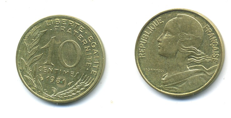 ФРАНЦИЯ 10 САНТИМОВ 1981 ТИП MARIANNE KM 929 медь алюминий никель 84-1628