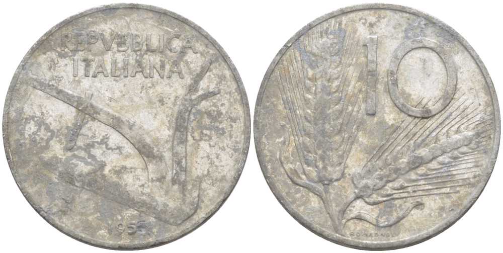 ИТАЛИЯ 10 ЛИР 195Х R, ПЛУГ, КОЛОСЬЯ KM 93 алюминий 175-433