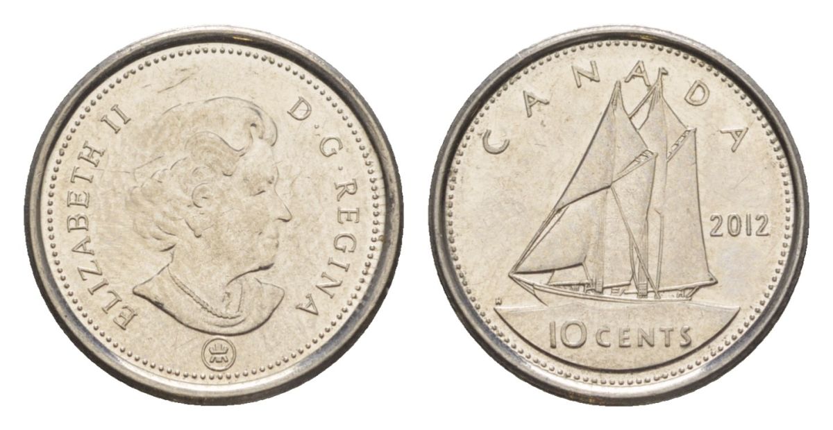 Канада 10 центов 2012 Leaf, Елизавета II (1952-2022), парусник KM 492 сталь плакированная никелем UNC 4630-866