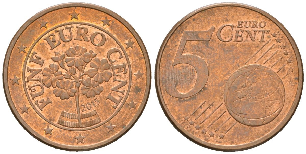 Австрия 5 евроцентов 2015 KM 3084 сталь плакированная медью 4539-157