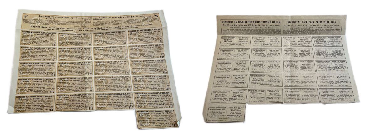 Россия купонный лист (17 купонов по 1 рубль 87 1/2 копеек) от 4% золотого заем 3-ого выпуска 1890 бумага 510-10-2