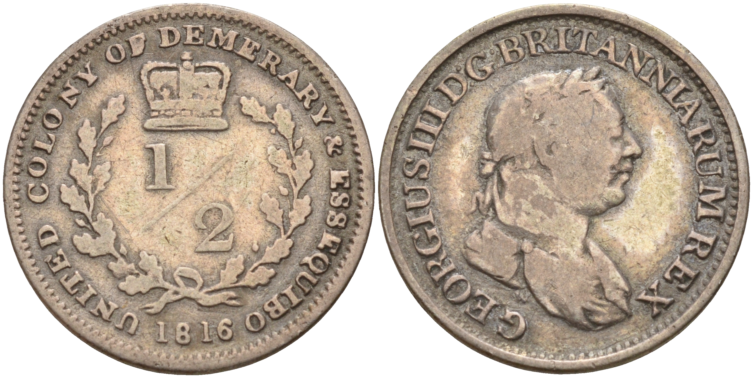 Эссекибо и Демерари 1/2 гульдена 1816 Георг III (1760-1820) KM 12 серебро    633-433