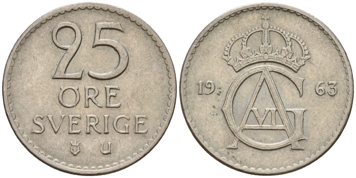 Швеция 25 эре 1963 Густав VI Адольф (1950-1973) KM 836 медно-никель 4152-445
